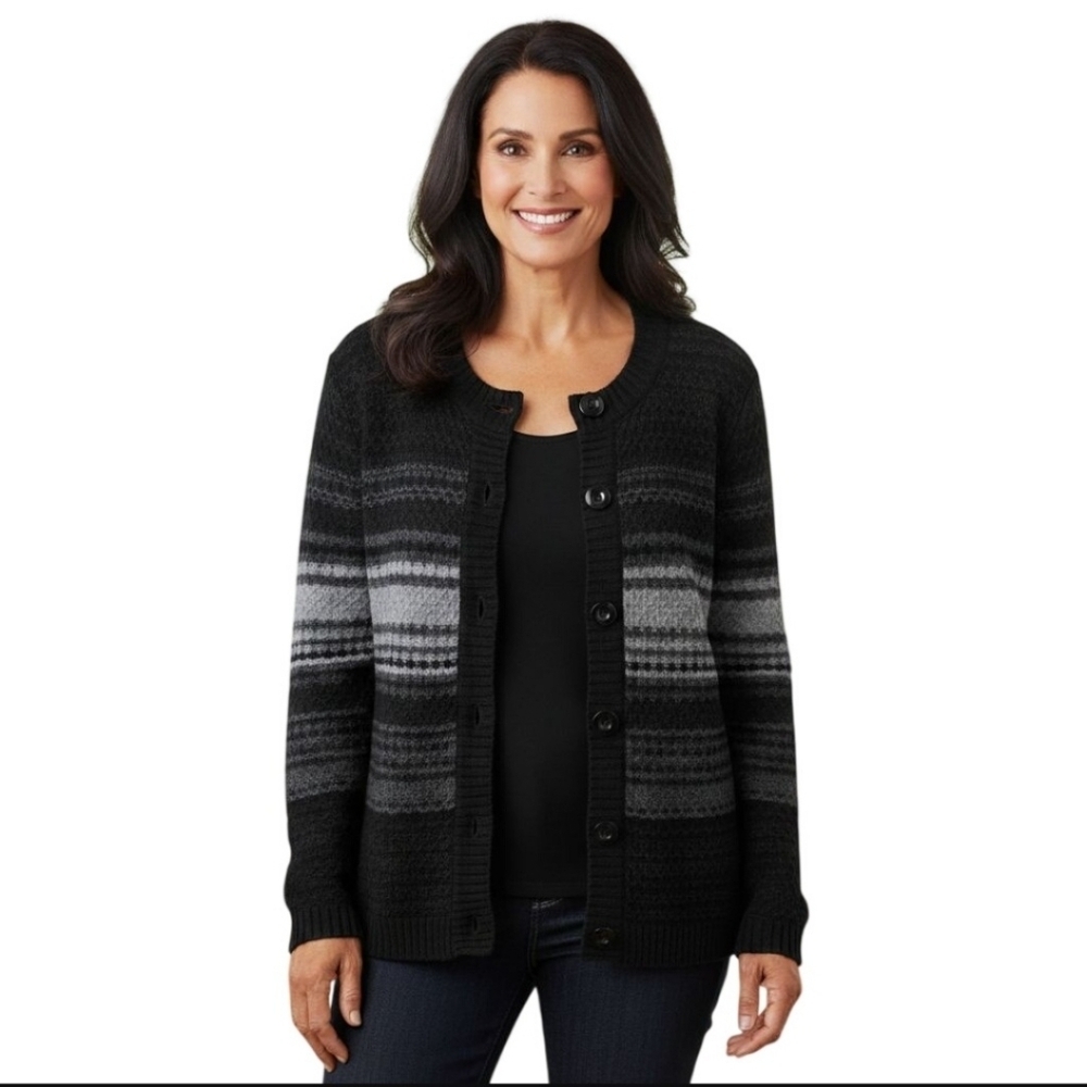 Appleseeds Vintage Black Gray Striped Lambswool Classic Cardigan Sweater PL